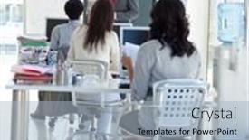  Presentation with front office - Theme with businessman talking in front of his team in office background and a light blue colored foreground