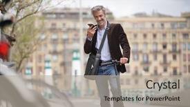  Presentation with agricultural micro irrigation - Amazing presentation theme having businessman talking on cellphone commuting backdrop and a light gray colored foreground