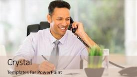  Presentation with report writing social mediaa - Beautiful PPT theme featuring businessman talking on landline phone backdrop and a soft green colored foreground