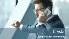  Presentation with lobby - PPT layouts featuring businessman talking on mobile phone in office lobby background and a ocean colored foreground
