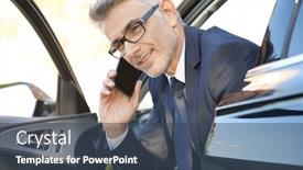  Presentation with car - Amazing PPT theme having businessman-talking-on-phone-sitting backdrop and a ocean colored foreground