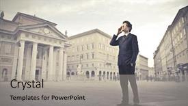  Presentation with phone - Colorful slide deck enhanced with businessman talking on the mobile backdrop and a light gray colored foreground