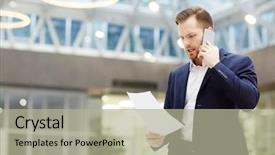  Presentation with reading - Cool new PPT theme with businessman talking on the phone backdrop and a mint green colored foreground