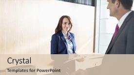  Presentation with receptionist - Colorful PPT theme enhanced with businessman talking with receptionist in office backdrop and a lemonade colored foreground