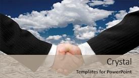  Presentation with shaking hands - Colorful slides enhanced with money job - businessman teamwork partners shaking hands backdrop and a  colored foreground