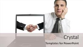  Presentation with hand shake computer - PPT theme with businessman teamwork partners shaking hands on computer laptop screen photo illustration background and a light gray colored foreground