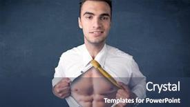 Presentation with body - PPT theme having businessman tearing off his shirt background and a ocean colored foreground