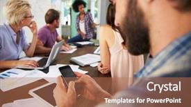  Presentation with meeting pov - Beautiful PPT layouts featuring businessman texting during meeting backdrop and a coral colored foreground