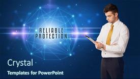  Presentation with security solutions - Colorful presentation design enhanced with businessman-thinking-about-security-solutions backdrop and a ocean colored foreground