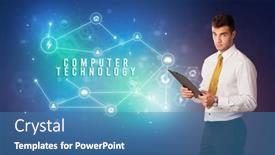  Presentation with technology - Presentation theme enhanced with businessman-thinking-about-technology-concept background and a teal colored foreground