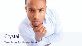  Presentation with thinking - PPT theme having businessman thinking over white background background and a sky blue colored foreground