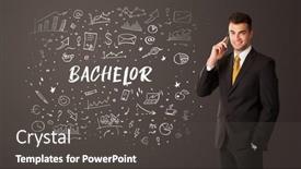  Presentation with bachelor - PPT theme consisting of businessman-thinking-with-bachelor-inscription background and a dark gray colored foreground