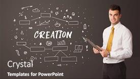  Presentation with creation - Beautiful PPT theme featuring businessman-thinking-with-creation-inscription backdrop and a dark gray colored foreground