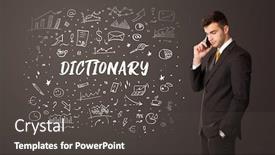  Presentation with dictionary - Amazing presentation design having businessman-thinking-with-dictionary-inscription backdrop and a dark gray colored foreground
