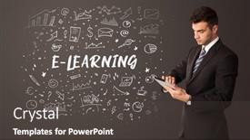  Presentation with learning - Audience pleasing theme consisting of businessman-thinking-with-e-learning backdrop and a dark gray colored foreground