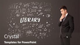  Presentation with library - Colorful slide set enhanced with businessman-thinking-with-library-inscription backdrop and a dark gray colored foreground