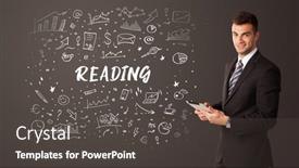  Presentation with thinking - Presentation theme having businessman-thinking-with-reading-inscription background and a dark gray colored foreground