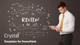  Presentation with business review - Presentation theme featuring businessman-thinking-with-review-inscription background and a dark gray colored foreground