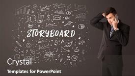  Presentation with thinking - PPT theme featuring businessman-thinking-with-storyboard-inscription background and a dark gray colored foreground
