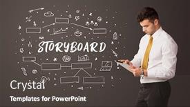  Presentation with thinking - Theme having businessman-thinking-with-storyboard-inscription background and a dark gray colored foreground
