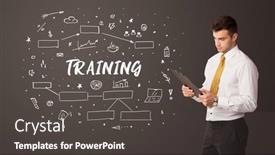  Presentation with education training - Presentation theme having businessman-thinking-with-training-inscription background and a dark gray colored foreground