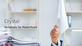  Presentation with giving - PPT theme featuring businessman-throwing-white-flag background and a sky blue colored foreground