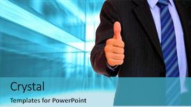  Presentation with banquet server hand - Theme with businessman thumbs up hand sign background and a light blue colored foreground