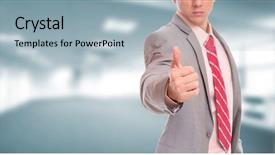  Presentation with light sign - Theme enhanced with businessman thumbs up hand sign background and a light blue colored foreground