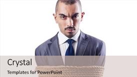  Presentation with rope - Audience pleasing slide deck consisting of businessman tied up with rope backdrop and a soft green colored foreground