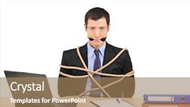  Presentation with rope - PPT theme featuring businessman tied up with rope and gagged with band in the office isolated against white background background and a coral colored foreground