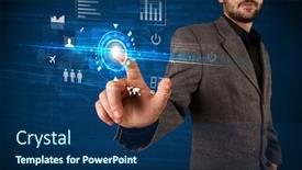  Presentation with web technology - Presentation theme consisting of businessman touching future web technology buttons and icons background and a navy blue colored foreground