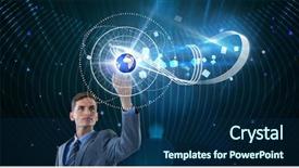  Presentation with digital image - PPT layouts having businessman touching globe on futuristic background and a navy blue colored foreground