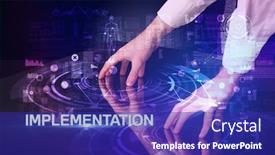  Presentation with technology - Cool new PPT theme with businessman-touching-huge-display backdrop and a royal blue colored foreground