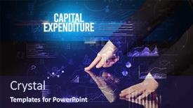  Presentation with expenditure - Beautiful PPT layouts featuring businessman-touching-huge-screen backdrop and a navy blue colored foreground