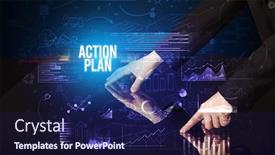  Presentation with action plan - Theme having businessman-touching-huge-screen background and a navy blue colored foreground