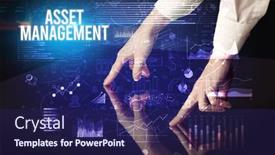  Presentation with asset management - Audience pleasing PPT theme consisting of businessman-touching-huge-screen backdrop and a navy blue colored foreground