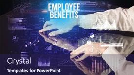  Presentation with employee benefits - PPT theme with businessman-touching-huge-screen background and a navy blue colored foreground
