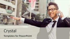  Presentation with taxi - Amazing slide deck having businessman trying to catch a taxi in business cuty district backdrop and a light gray colored foreground