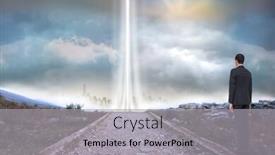  Presentation with rocky - Presentation design with businessman turning his back to camera against rocky path leading to light beam background and a light gray colored foreground