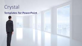  Presentation with windows - Amazing PPT theme having businessman turning his back to camera against bright white corridor with windows backdrop and a sky blue colored foreground