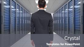  Presentation with server - Presentation design consisting of businessman turning his back to camera against server hallway background and a gray colored foreground