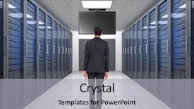  Presentation with server - Amazing presentation design having businessman turning his back to camera against server hallway backdrop and a light gray colored foreground