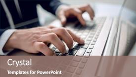  Presentation with career milestone close up - Amazing slide deck having businessman typing on laptop keyboard backdrop and a coral colored foreground