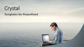  Presentation with laptop - Cool new presentation design with cute boy is holding big clock and sitting on the floor backdrop and a light gray colored foreground