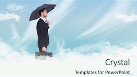  Presentation with under umbrella - Audience pleasing slides consisting of businessman under umbrella while holding a briefcase against blue sky backdrop and a sky blue colored foreground
