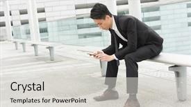  Presentation with mobile use - Colorful slide deck enhanced with businessman use of mobile phone and sitting outside backdrop and a light gray colored foreground