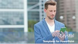  Presentation with smart city - Beautiful PPT layouts featuring businessman use of smart phone in city backdrop and a teal colored foreground