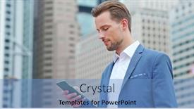  Presentation with smart city - PPT theme having businessman use of smart phone in city background and a teal colored foreground