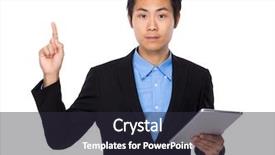  Presentation with finger point - Colorful slide deck enhanced with businessman use tablet and finger point up backdrop and a wine colored foreground