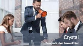  Presentation with talk - Colorful slide deck enhanced with businessman uses a megaphone backdrop and a ocean colored foreground